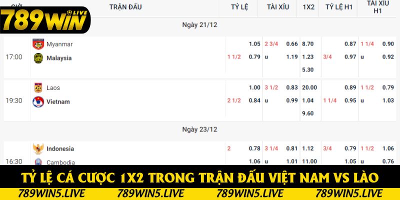 Tỷ lệ cá cược 1X2 trong trận đấu Việt Nam vs Lào